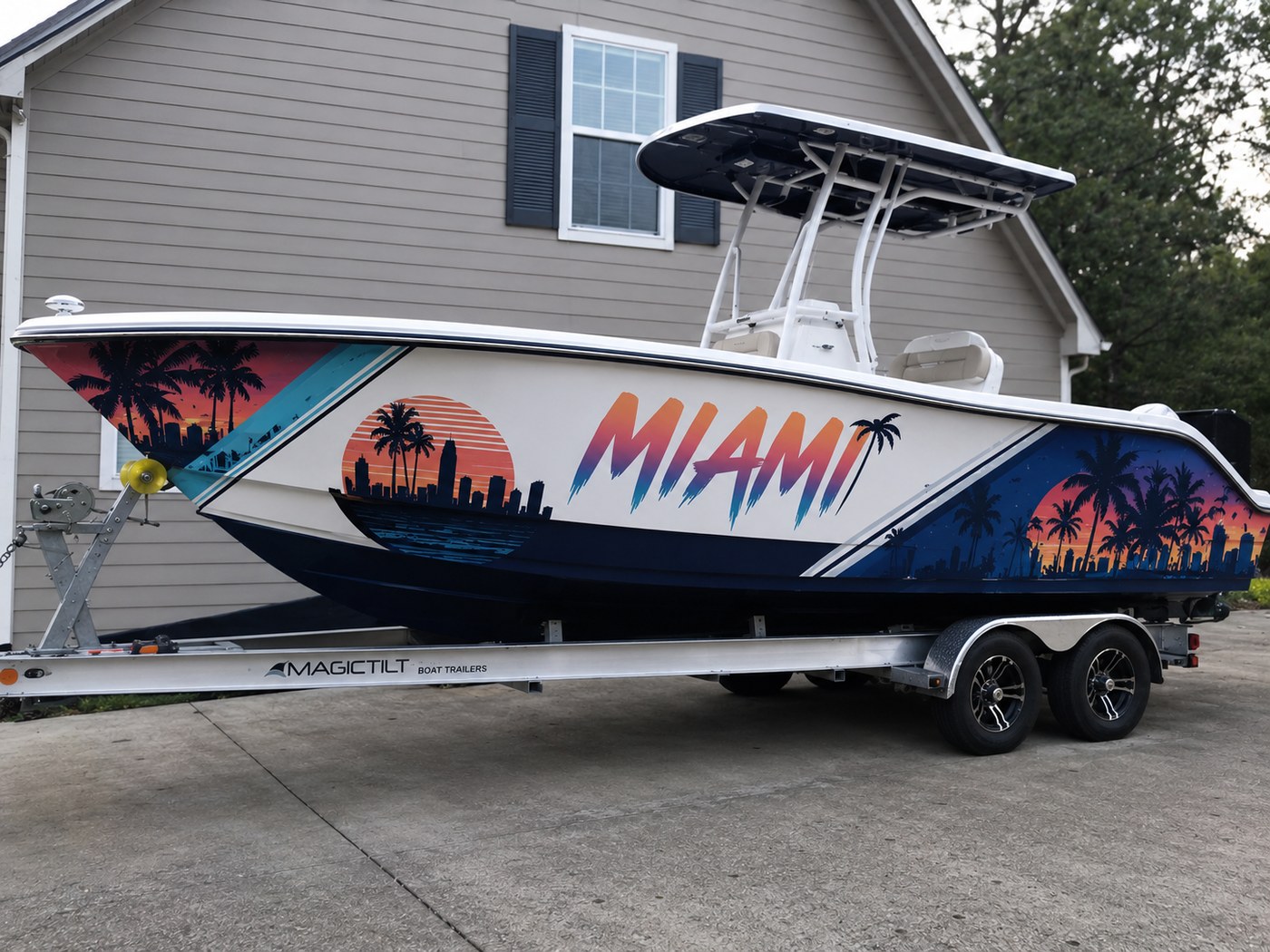 Miami themed boat wrap