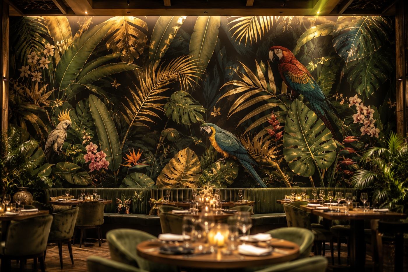Tropical parrot bar mural